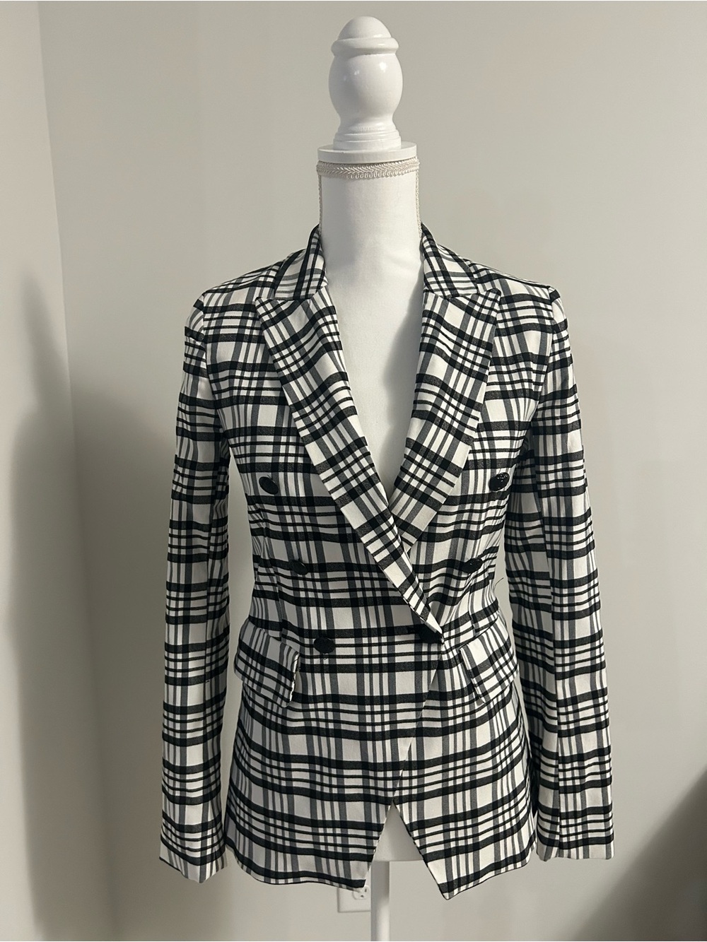 Women's Black & White Plaid Double-Breasted Blazer